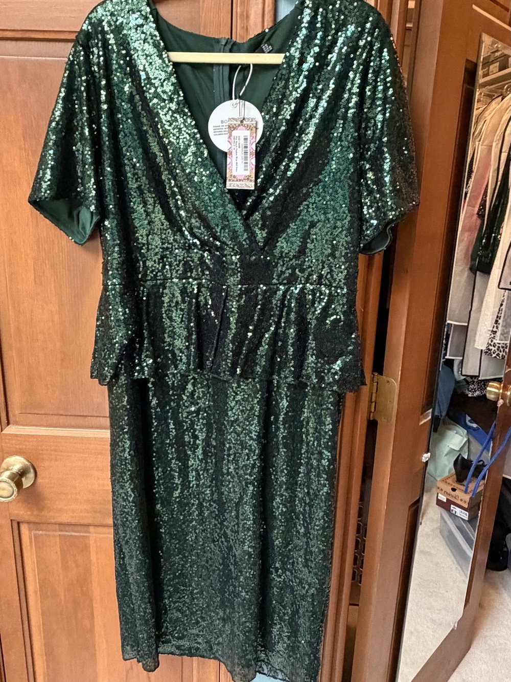Boohoo Plus Dark Green Sequin Peplum Midi Dress